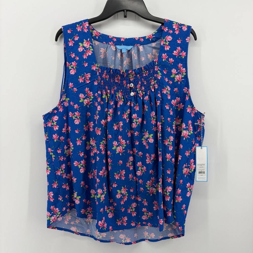 Draper James Blue‎ Pink Floral Smocked Square Neck Sleeveless Top XXL New